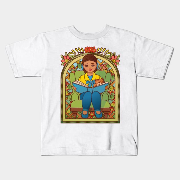Girl Reading to Her Cat Kids T-Shirt by Sue Cervenka